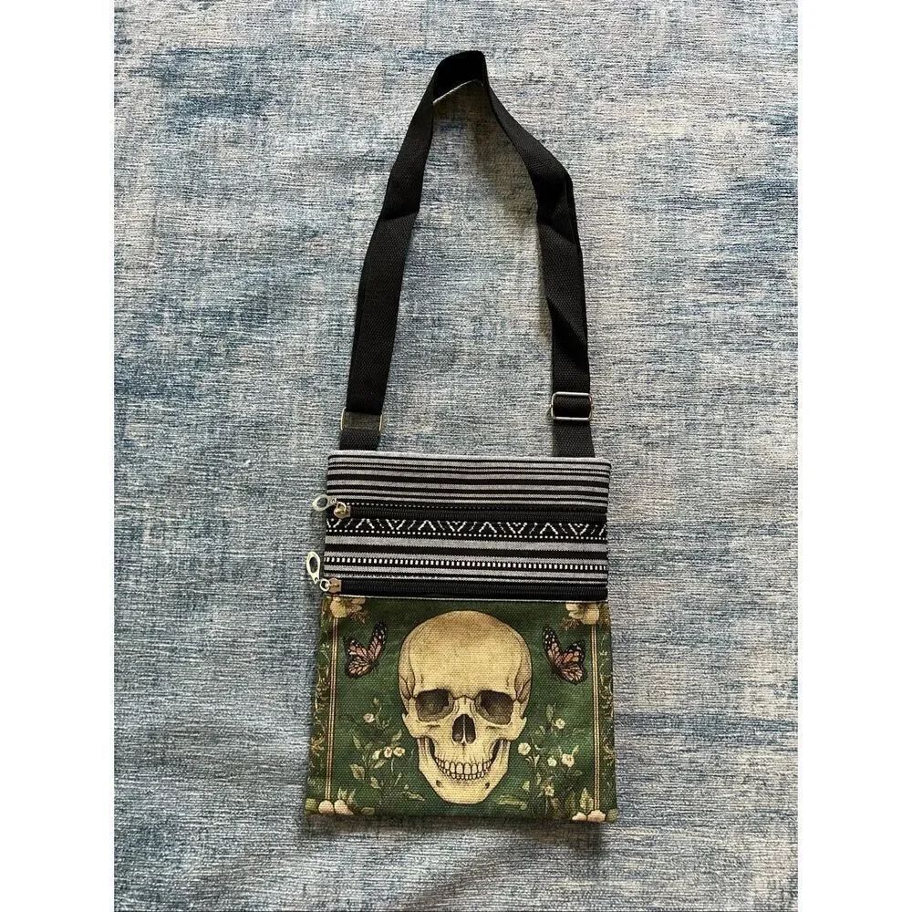 Green Floral Butterfly Skull Cotton Canvas Double Pocket Crossbody Shoulder Pouc